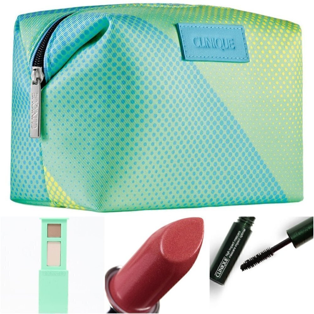 Clinique Cosmetic Bag Travel Size Lipstick Eyeshadow Mascara Set